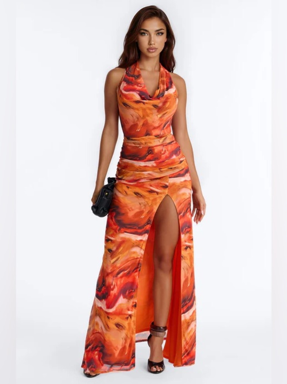 Heating Up Orange Marble Halter Maxi Dress with High Slit 1X NWT